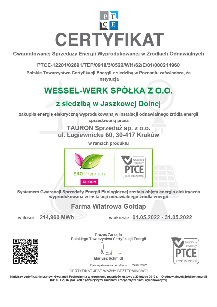 Read more about the article CERTYFIKAT                                                     Gwarantowanej Sprzedaży Energii Wyprodukowanej w Źródłach Odnawialnych
